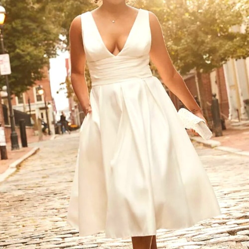 David's Bridal Ivory Tea-Length V-Neck A-Line Wedding Dress